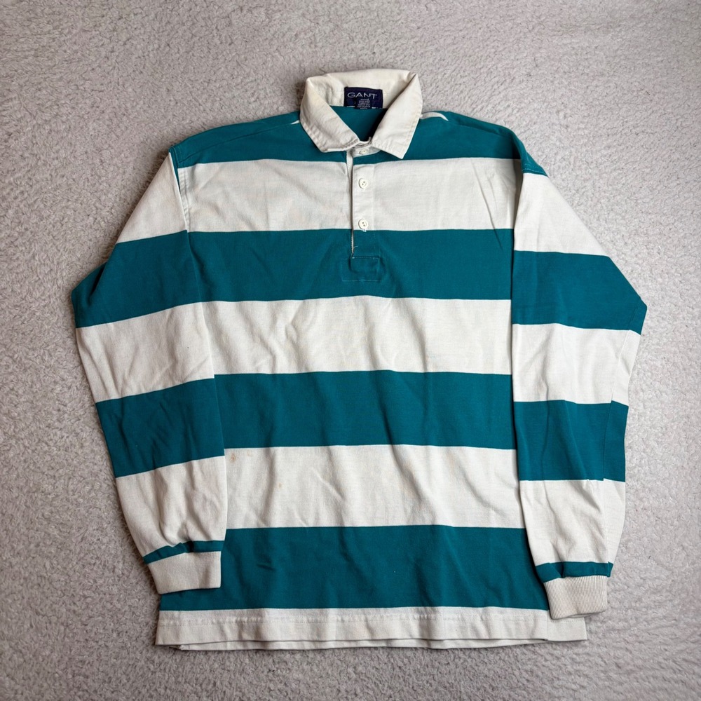 Gant Rugger Vintage Teal White Striped Rugby Shirt Made in USA Mens Large